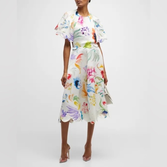 Rosie Assoulin Buttercup Watercolor-Print Scalloped Midi Dress 4 - Picture 1 of 13